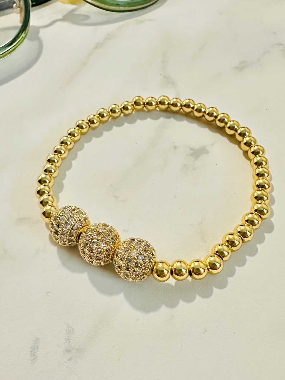 Hardware Metal 18K Gold Plated Beaded Bracelet with Pave Accent Beads- stainless
